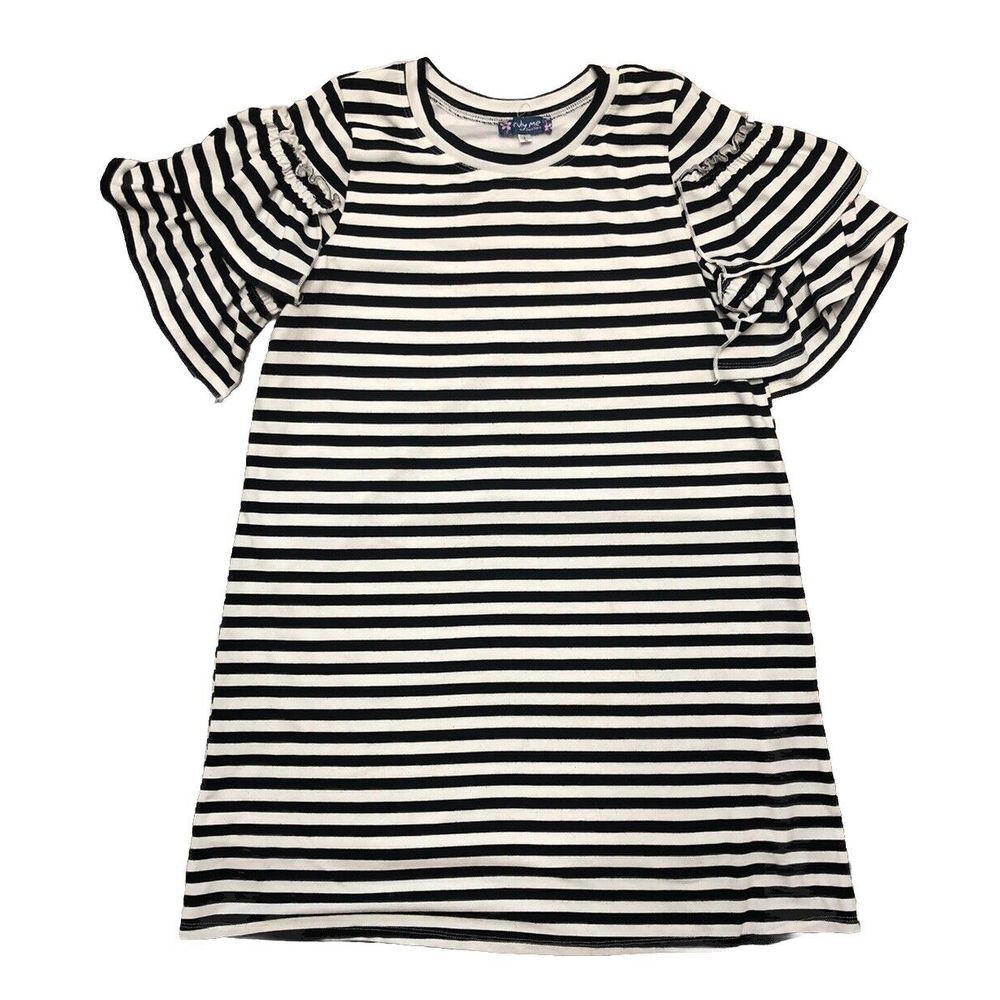 TRULY ME By Sara Sara Black White Striped Dress Ruffle Sleeve Girls L